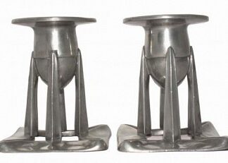 LIBERTY & CO. ENGLISH PEWTER CANDLESTICKS DESIGNED BY ARCHIBALD KNOX