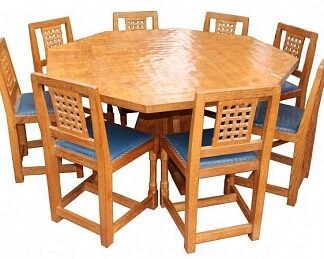 PETER RABBITMAN HEAP OF WETWANG OCTAGONAL DINING SUITE WITH 8 LATTICE BACK CHAIRS
