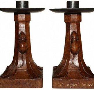 ROBERT MOUSEMAN THOMPSON A PAIR OF VINTAGE CARVED OAK CANDLESTICKS