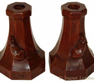 ROBERT MOUSEMAN THOMPSON RARE EARLY PAIR OF OAK CANDLESTICKS