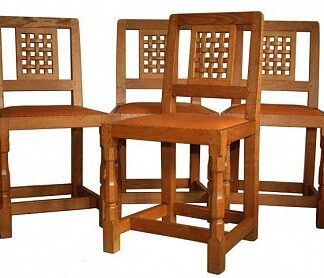 ROBERT MOUSEMAN THOMPSON SET OF FOUR OAK LATTICE BACK DINING CHAIR