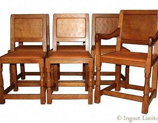 ROBERT MOUSEMAN THOMPSON SET OF SIX VINTAGE OAK PANELLED BACKED DINING CHAIRS