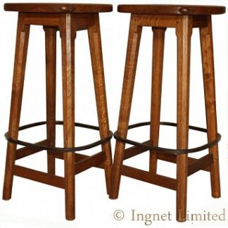 ROBERT MOUSEMAN THOMPSON PAIR OF OAK BAR STOOLS