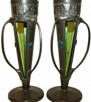 LIBERTY & Co PAIR OF PEWTER & ENAMEL VASES DESIGNED BY ARCHIBALD KNOX