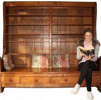 ROBERT MOUSEMAN THOMPSON SUPERB EARLY OAK SETTLE & BOOKCASE