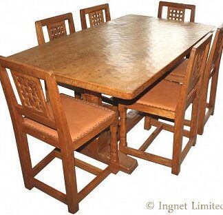 ROBERT MOUSEMAN THOMPSON DINING SUITE Rare 5 Foot Pegged Adzed Table and 6 Lattice Back Chairs