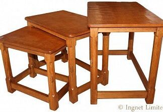 ROBERT MOUSEMAN THOMPSON NEST OF OAK TABLES WITH HAND CARVED ADZED TOPS