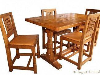 ROBERT MOUSEMAN THOMPSON RARE REFECTORY STYLE 4 FOOT OAK DINING TABLE WITH 4 LATTICE BACK DINING CHAIRS