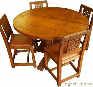 ROBERT MOUSEMAN THOMPSON CIRCULAR DINING TABLE WITH A SET OF 4 VINTAGE LATTICE BACK DINING CHAIRS