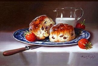 RAYMOND CAMPBELL (20th C.) OIL ON BOARD SCONES AND STRAWBERRIES