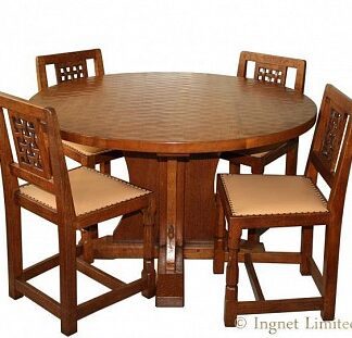 ROBERT MOUSEMAN THOMPSON VINTAGE DINING SUITE WITH A RARE 4 FOOT CIRCULAR TABLE AND 4 LATTICE BACK CHAIRS