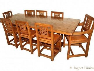 ROBERT MOUSEMAN THOMPSON VINTAGE DINING SUITE 7ft TABLE AND 8 LATTICE BACK CHAIRS