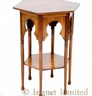 ARTS & CRAFTS MOORISH GOLDEN OAK OCCASIONAL TABLE PROBABLY RETAILED BY LIBERTY & CO