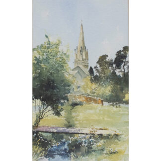 AN ERIC THOMPSON WATERCOLOUR OF A CHURCH IN COTHERSTONE