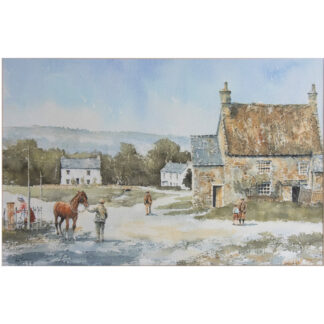 AN ERIC THOMPSON WATERCOLOUR OF A VILLAGE SCENE IN COTHERSTONE