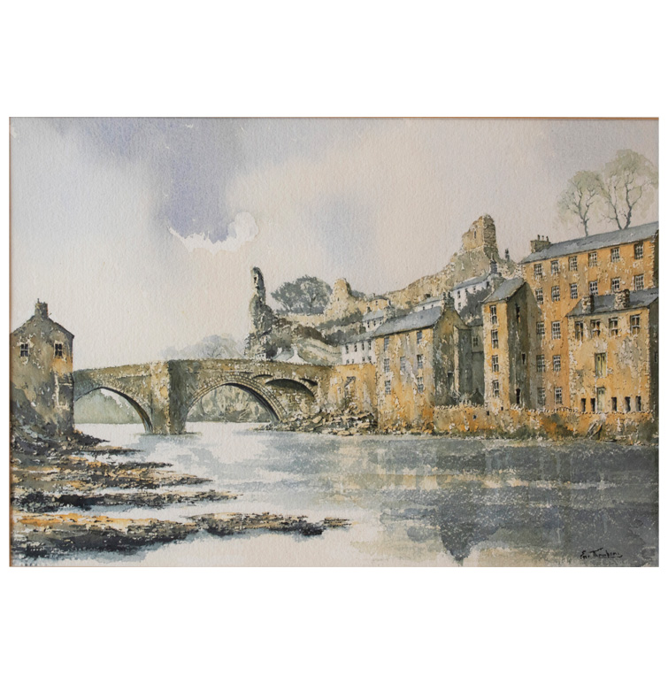 ERIC THOMPSON LARGE WATERCOLOUR OF THE RIVER TEES AT BARNARD CASTLE