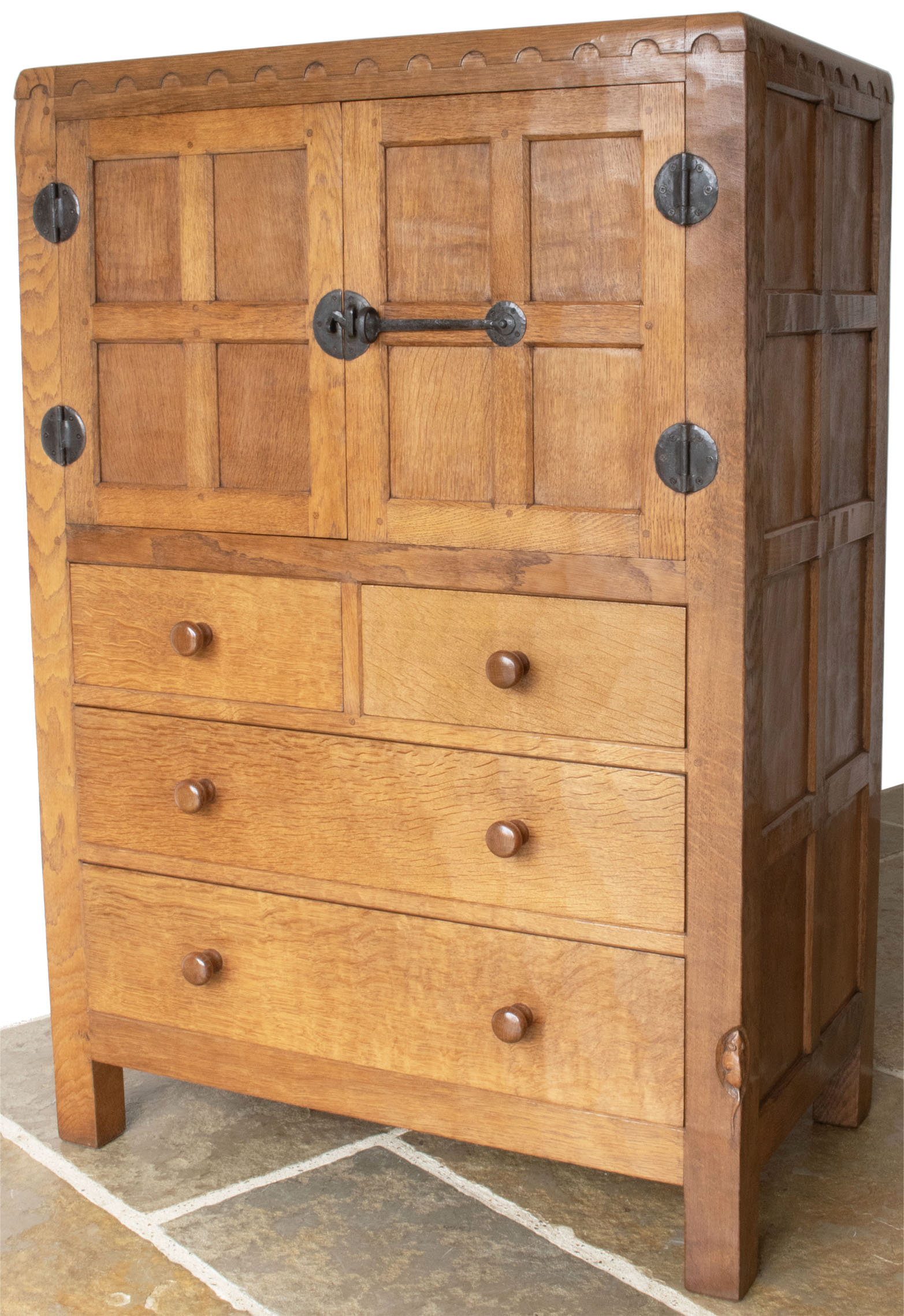 ROBERT MOUSEMAN THOMPSON VINTAGE ADZED OAK TALLBOY/AUMBREY - Image 5